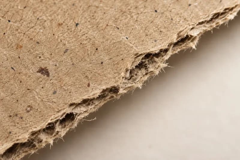 Geri dönüşümlü kraft levhanın yırtılmış kenarı makro çekimde; kağıt lifleri ve geri dönüşümden gelen koyu benekler seçiliyor