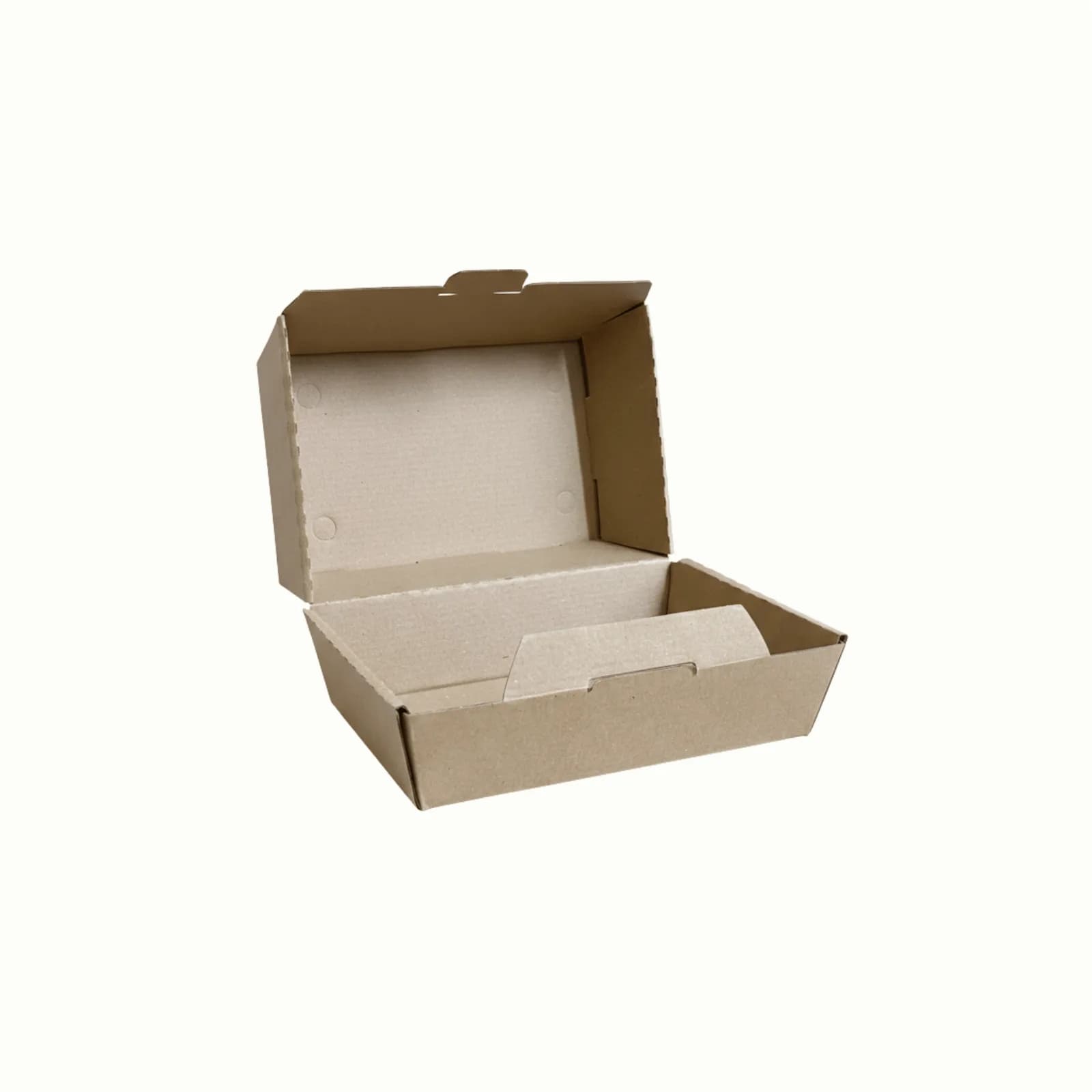 Burger ve cajun kutusu kapağı açık hâlde